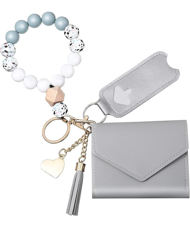 Weewooday Wristlet Bracelet Keychain Wallet Gift for Women Christmas Small Silicone Beaded Keyring Purse Leather Card Holder(Gray)