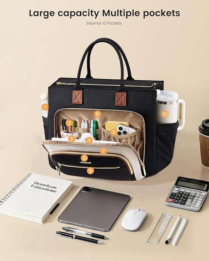 LOVEVOOK Insulated Lunch Bag,2-in-1 Work Tote Bag with Lunch Compartment,Large Capacity Professional Work Bag for Women,15.6 Inch Laptop Bag with Cup Holder for Teacher,Nurse,College,Office,Travel