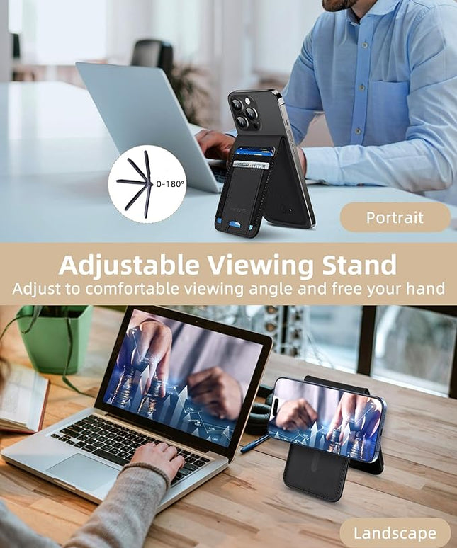 HiWe for MagSafe Wallet Stand with Find My, Anti-Lost Strongest Magnetic Wallet for iPhone 17/16/15/14/13/12 Series, 9 Cards Holder, Leather RFID, Black