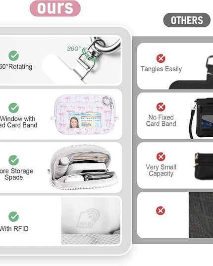 Clip and Go Strap for Phone with Wallet Crossbody Phone Lanyard and Detachable Checkered Bag with ID Window and RFID Pouch for Daily Travel. Bow
