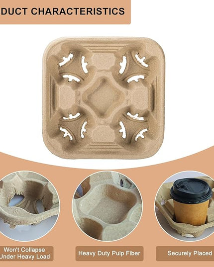 Coffee Cup Holder Disposable Cup Holder Tray, Four Cup Carrier Tray 50 Pack,Biodegradable, Eco-Friendly Drink Carrier For Delivery Of Hot Or Cold Drinks(Four-cup size tray)