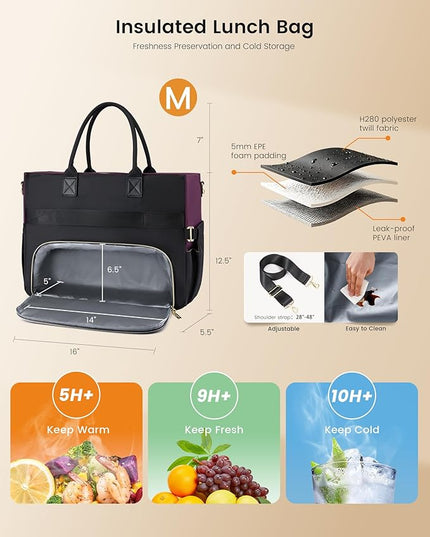LOVEVOOK Insulated Lunch Bag,2-in-1 Work Tote Bag with Lunch Compartment,Large Capacity Professional Work Bag for Women,15.6 Inch Laptop Bag with Cup Holder for Teacher,Nurse,College,Office,Travel
