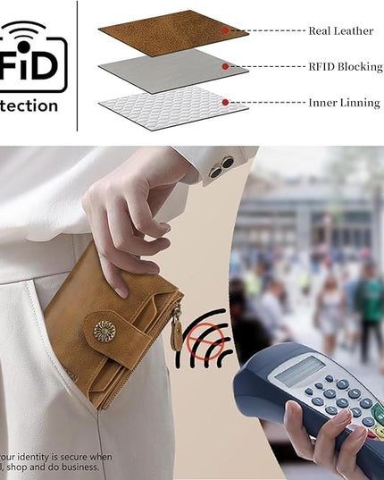 MKSSKEN Wallet Women,Rfid Blocking Leather Womens Wallet,Bifold Compact Carteras Para Mujer Card Holder with Removable ID Window(Apricotcoffee)
