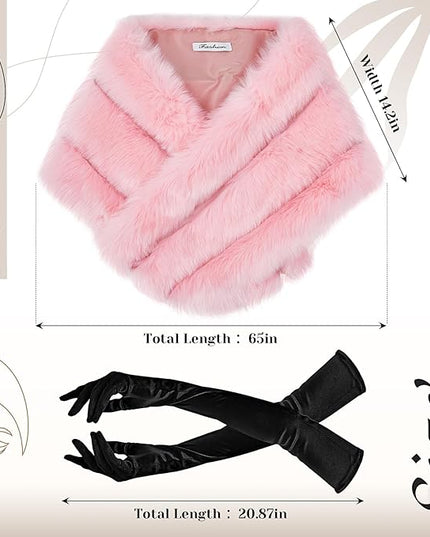Zhanmai 2 Pcs Winter Long Shawl Cloak Stretchy Glove Opera Bridal Dance Gloves for Women Dress Party Coat