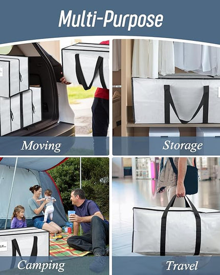 6 Pack Extra Heavy Duty Large Moving Bags with Strong Zipper & Comfortable Handles, Sturdy & Durable Clothes Storage Bags Totes Bins, Packing Moving Boxes for College Supplies, White