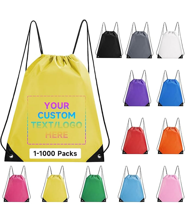 Custom Drawstring Backpacks With Your Logo, 10 Pack Personalized Text Drawstring Bags String Bag Bulk, Great for Travelling, Gym and for Everyday Use (Yellow)