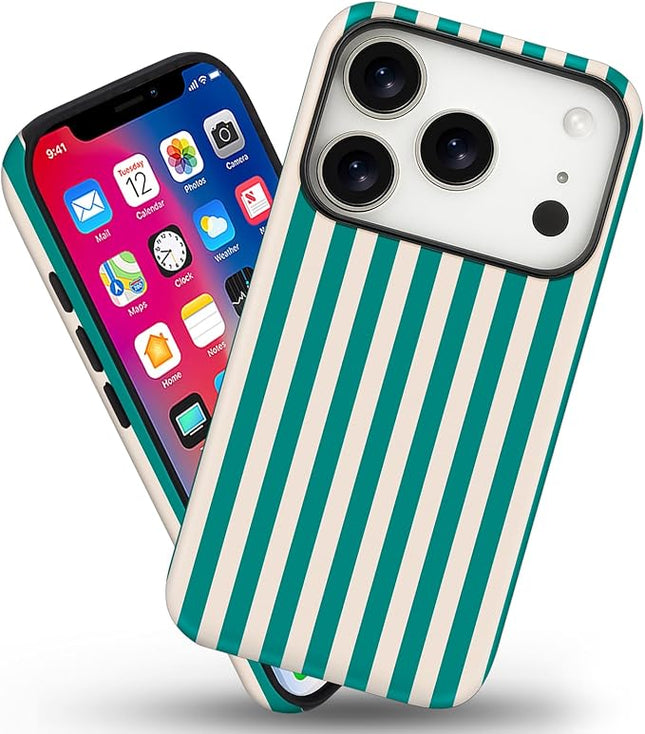 Magnetic for iPhone 17 Pro Case Cute Stripes Phone Case, Shockproof Slim TPU and Hard PC Protective Phone Cover Compatible with MagSafe Designed for Women Girls, Emerald Green