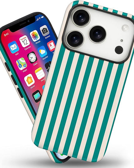 Magnetic for iPhone 17 Pro Max Case Cute Stripes Phone Case, Shockproof Slim TPU and Hard PC Protective Phone Cover Compatible with MagSafe Designed for Women Girls, Emerald Green