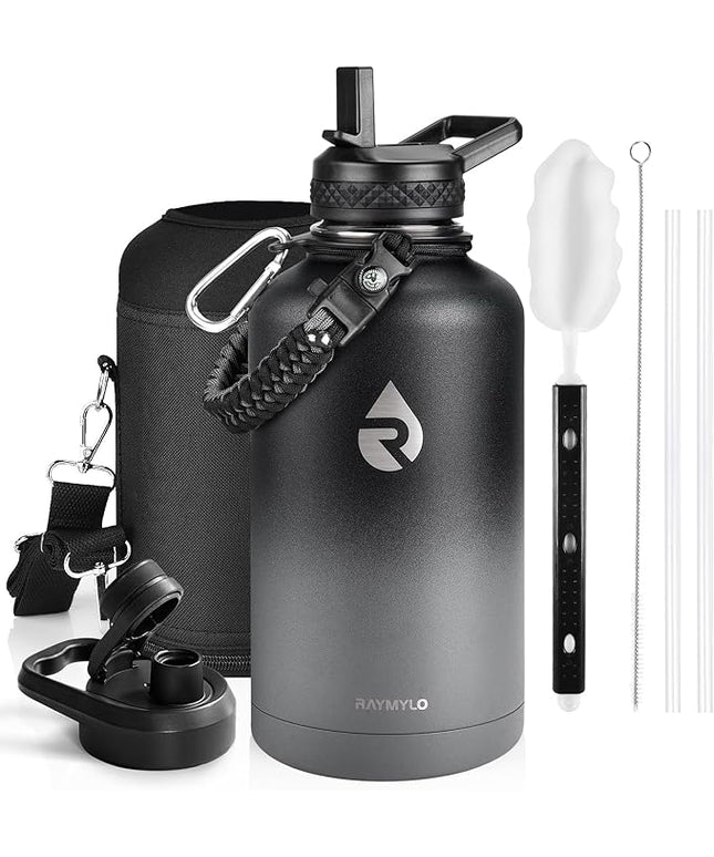Insulated Water Bottle 64 oz, Triple Wall Vacuum Stainless Steel (Cold for 48 Hrs), Leak Proof & Non-BPA, Half Gallon Water Flask Jug with Paracord Handle & Straw Spout Lids, Dark Gray