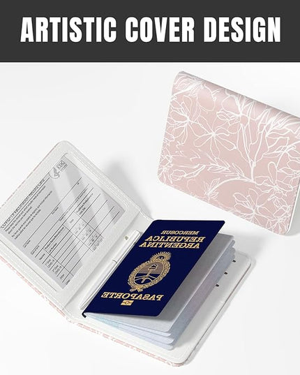 Rimilak Passport Holder, RFID Blocking Passport Cover Wallet Travel Essentials, Leather Travel Documents Organizer Protector for Women and Men, White Leaves