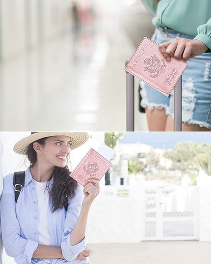 Passport and Vaccine Card Holder Combo, Passport Cover with Vaccine Card Slot, Wallet, Passport Case Holder for Women and Men（AE-Rose gold