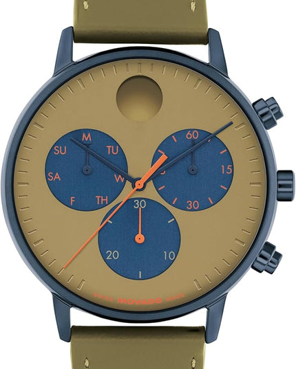 Movado Face Watch - Swiss Quartz Chronograph, Leather Strap - Classic, Timeless Luxury Fashion Timepiece for Him or Her - 43mm
