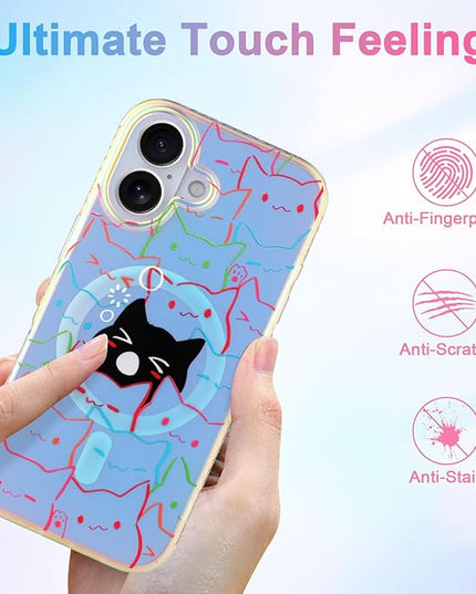 Cute Case for iPhone 17 Case for Women Girls Boys [ Compatible with Magsafe ] Iridescent and Black Cats Cat Pattern Design, Kawaii Colorful Animal Soft Bumper Protective Phone Cover