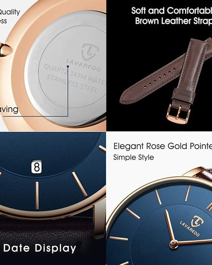 L LAVAREDO Watch for Men, Extremely Thin Mens Watches Minimalist Analog Men's Leather Wrist Watches with Time/Date, Birthday Gift for Men Boyfriend