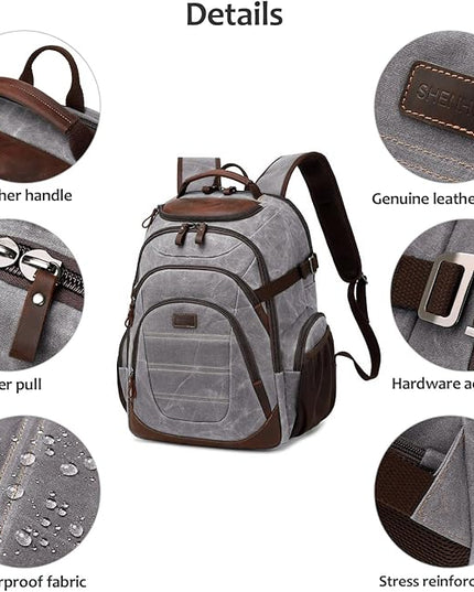 Travel Laptop Backpack 17.3 inch XL Computer Backpack for Men Waxed Canvas College Daypack Business Backpack Gray