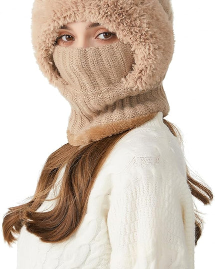 HUAMULAN Women Winter Beanie Hats One Piece Fleece Lined Knit Balaclavas Mask Set Skull Neck Circle Scarf Ski Snow Hat Pompom