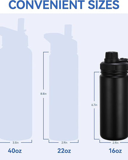 DOMICARE 16 oz Kids Water Bottle for School Stainless Steel Double Wall Vacuum Insulated Water Bottle with Straw lids & Spout Lid, Leakproof BPA Free （Black,8)