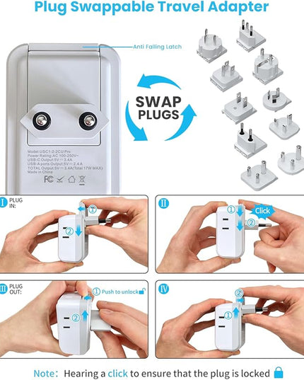 VINTAR Universal Travel Adapter Kit, International Power Adapter with 4AC and 3USB Ports(2 USB-C), Type A,B,C,D,E/F,G,H,I,L,M Swap Adapt Attachments, Travel Adapter Worldwide for Europe/Africa/India
