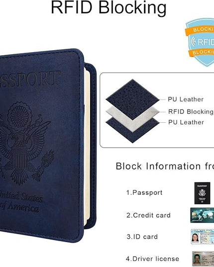 WALNEW Passport Holder for Travel, RFID Passport Cover Wallet for Women Men, PU Leather Passport Book Card Holder Case with Pen (Upgraded, Upgraded-Navy Blue)