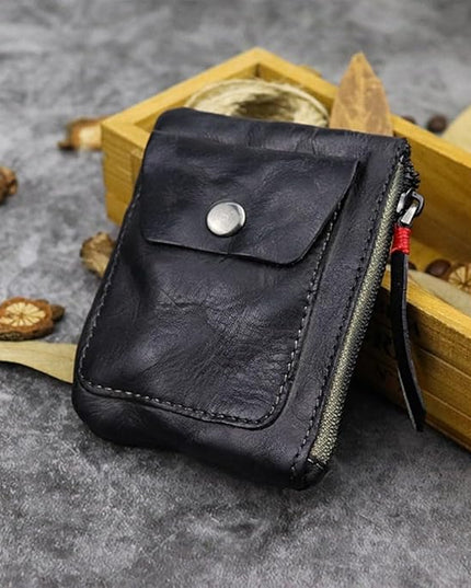ZYLOXAR Genuine Leather Coin Pouch with Zipper Snap Closure Crazy Horse Wallet for Women (Black)