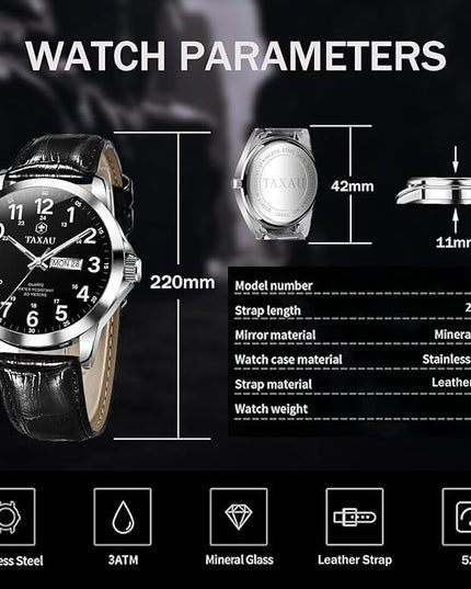 Men's Watches Leather Band Stainless Steel Quartz Analog Watch Luxury Waterproof Watches for Men Dress Men's Wrist Watch with Day Date Arabic Numeral Relojes para Hombre