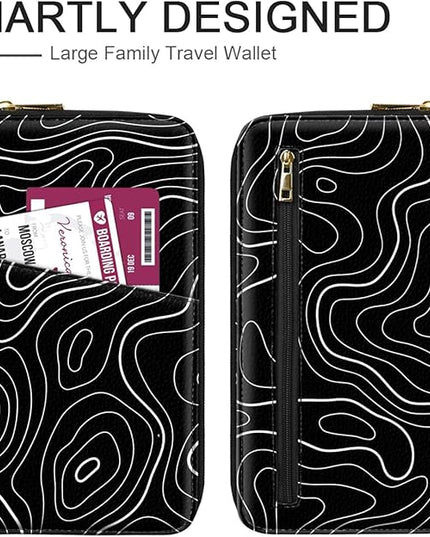 Family Passport Holder Wallet RFID Blocking Document Organizer PU Leather Mulit-purpose Travel Wallet Credit Cards Case for Women Men, Topographic Line