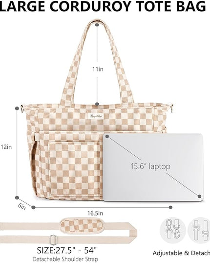 Corduroy Tote Bag for Women, 17 Pockets Laptop Work Tote Bag Lightweight Teacher Nurse Bible Bag for School Travel | with 40oz Cup Holder, Multi Compartment, Zipper Crossbody Bag, College Shoulder Bag, Daily Purse w/ Strap, Ideal Gift for Women