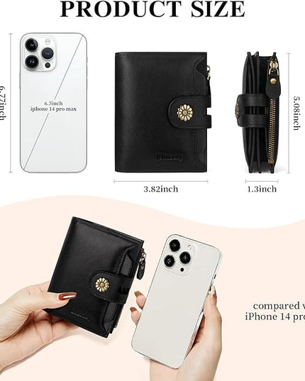 Blucoay Wallet Women,RFID Blocking Leather Womens Wallet Bifold Compact Card Holder Small Wallet for Women with Removable ID Window Black