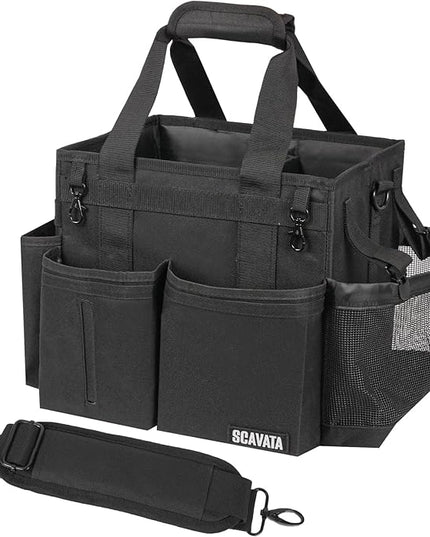 Compact Wearable Cleaning Caddy, Small Supplies Organizer with Handle & Shoulder Straps for Housekeepers, Under Sink & Car Cleaning Tool Organizer Bag (Black)