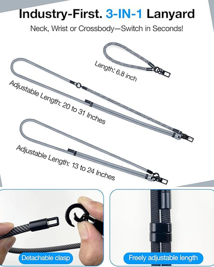 Phone Lanyard Crossbody, 3-in-1 Neck Strap& Wrist Strap, Adjustable Anti-Theft Lanyard with 2 Phone Tether Tabs, Universal Cell Phone Strap for iPhone 17 Pro Max, Travel Essential,Grey
