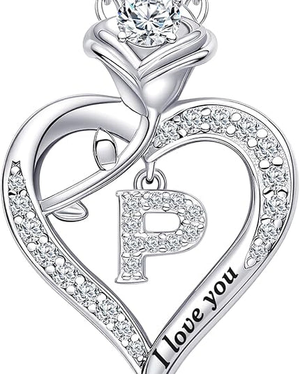 Rose Heart Pendant Necklace Gifts for Wife, Engraved 'I love you' Gift for Wife Girlfriend, Anniversary Birthday Eternity Jewelry Present for Women, Moissanite Necklace Gift for Her