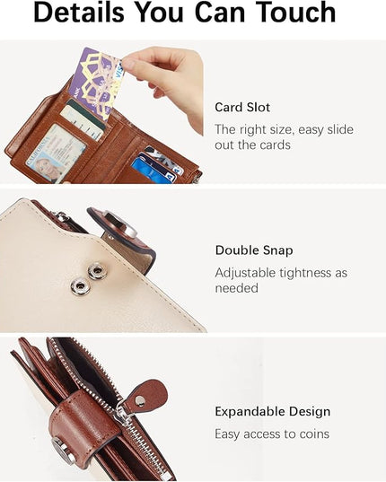 BOSTANTEN Women Leather Wallet Small RFID Blocking Bifold Zipper Pocket Wallet Card Case with ID Window Beige