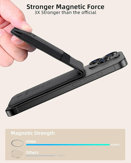 HiWe for MagSafe Wallet Stand with Find My, Anti-Lost Strongest Magnetic Wallet for iPhone 17/16/15/14/13/12 Series, 9 Cards Holder, Leather RFID, Black