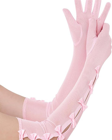 BABEYOND Lace Gloves for Women - Princess Gloves Long Stretchy Bow Mesh Tulle Sheer for Costume Opera Party