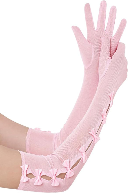 BABEYOND Lace Gloves for Women - Princess Gloves Long Stretchy Bow Mesh Tulle Sheer for Costume Opera Party