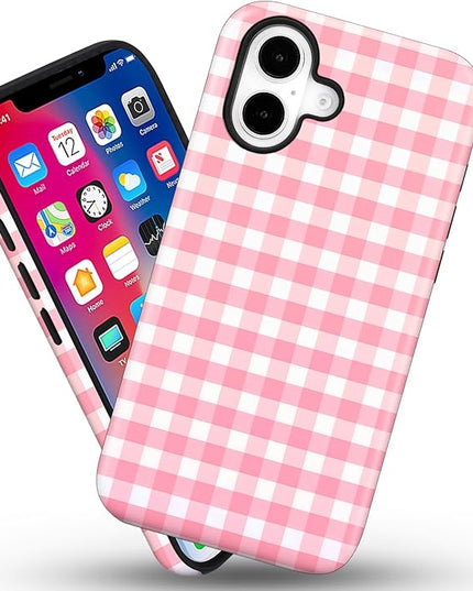 Magnetic for iPhone 16 Case Cute Checkered Stripes Phone Case for Women Girls, Shockproof Slim TPU and Hard PC Protective Phone Cover Compatible with MagSafe Designed, Red