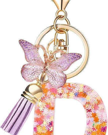 Fashion Alphabet Initial Letter Keychain Tassel Butterfly Pendant Key Ring for Purse Handbags Women Girl