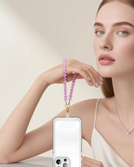Natural Stone Beaded Phone Wrist Strap for Women – Detachable Chain Wristlet, Durable 304 Stainless Steel Core (Amethyst)