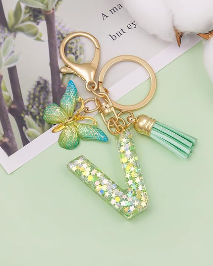 Fashion Alphabet Initial Letter Keychain Tassel Butterfly Pendant Key Ring for Purse Handbags Women Girl