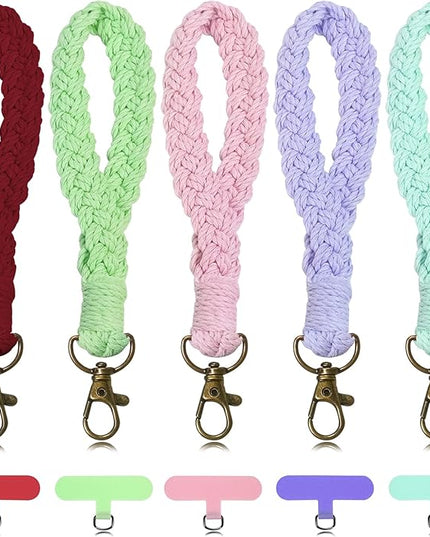 5PCS Phone Wrist Strap with 5PCS Tether Tab Keychain Wristlet Lanyard Cell Phone Wristlet Keychain for Women Boho Macrame Handmade Phones Lanyard Wrist with Tether Tab for Keys, ID