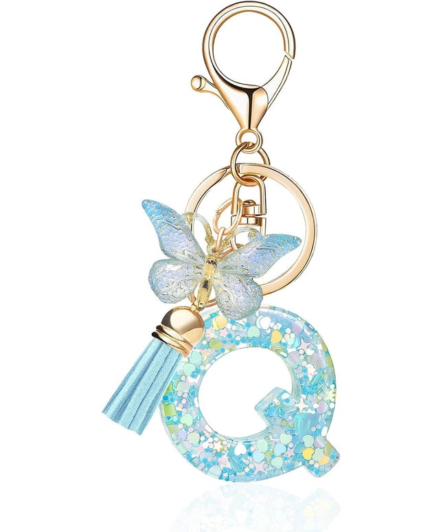 Fashion Alphabet Initial Letter Keychain Tassel Butterfly Pendant Key Ring for Purse Handbags Women Girl