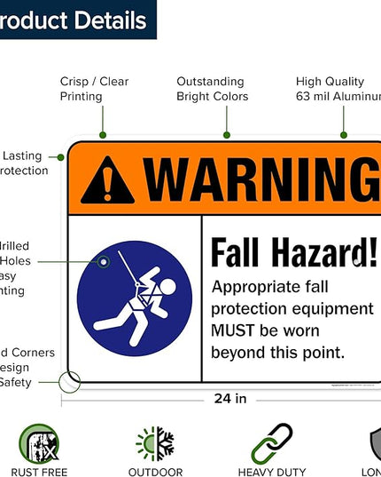 Warning Fall Hazard Appropriate Fall Protection Equipment Sign, 18x24 Inches, Rust Free .063 Aluminum, Fade Resistant, Made in USA by My Sign Center