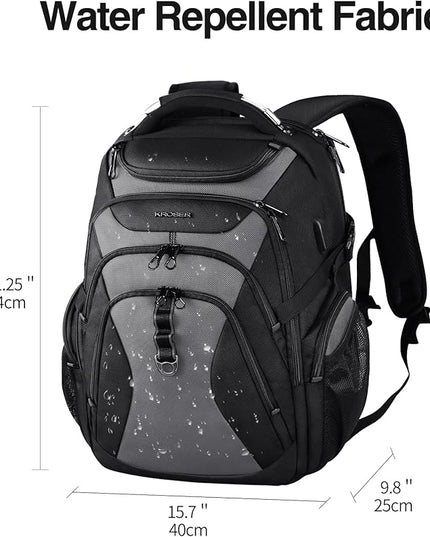 KROSER Travel Laptop Backpack 18.4 Inch XXXL Gaming Backpack with Hard Shell Saferoom RFID Pockets Water-Repellent Business College Daypack Stylish Laptop Bag for Men/Women-Black Grey