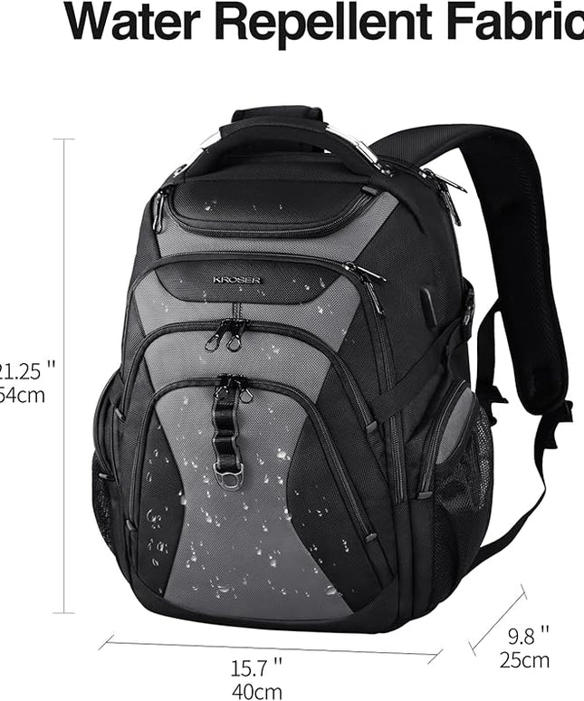 KROSER Travel Laptop Backpack 18.4 Inch XXXL Gaming Backpack with Hard Shell Saferoom RFID Pockets Water-Repellent Business College Daypack Stylish Laptop Bag for Men/Women-Black Grey
