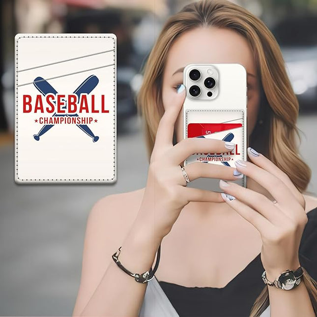 Phone Card Holder, Dual Pocket Leather Wallet Adhesive Stick On, Cute Credit Card Holder for Smartphones Case Compatible with Most Phone（Baseball bat）
