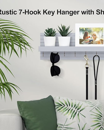 Lwenki Decorative Key Holder for Wall with Shelf, Entryway Shelf with Hooks Holds Leashes, Jackets and Glasses – Sturdy Wood Keyholder Entrance Hanger with Mounting Hardware (Gray, Large)