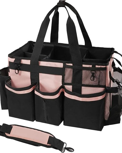 Wearable Cleaning Caddy, Cleaning Caddy Supplies Organizer with Handle & Shoulder Straps for Housekeepers, Under Sink & Car Cleaning Tool Organizers Bag with 4 Foldable Divider (Pink)