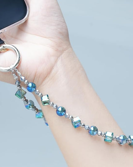 Cell Phone Wrist Strap Crystal Beaded Phone Bracelet Strap For Women Sparkling Beads Wristlet Lanyard Beaded Chain (Aqua Glass Green)