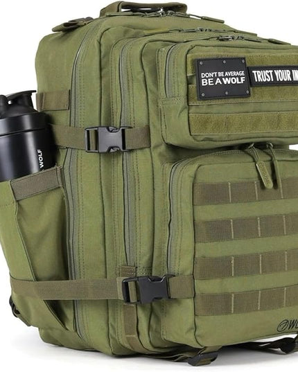 WOLFpak 35L Athletic Gym Backpack - Durable 1000D Waterproof Oxford Material with MOLLE Webbing, Laptop Pocket & Dual Cup Holders, Durable Fitness/Travel/Military Daypack (OD Green)