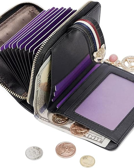 FOXLOVER Genuine Leather Zip Small Wallet Women RFID Blocking Credit Card Bifold Wallet Business Card Holder with ID Window(Black)